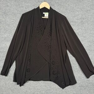 Susan Graver Size XL Cardigan Black Draped Hem‎ Laser Cut Open Front Stretch
